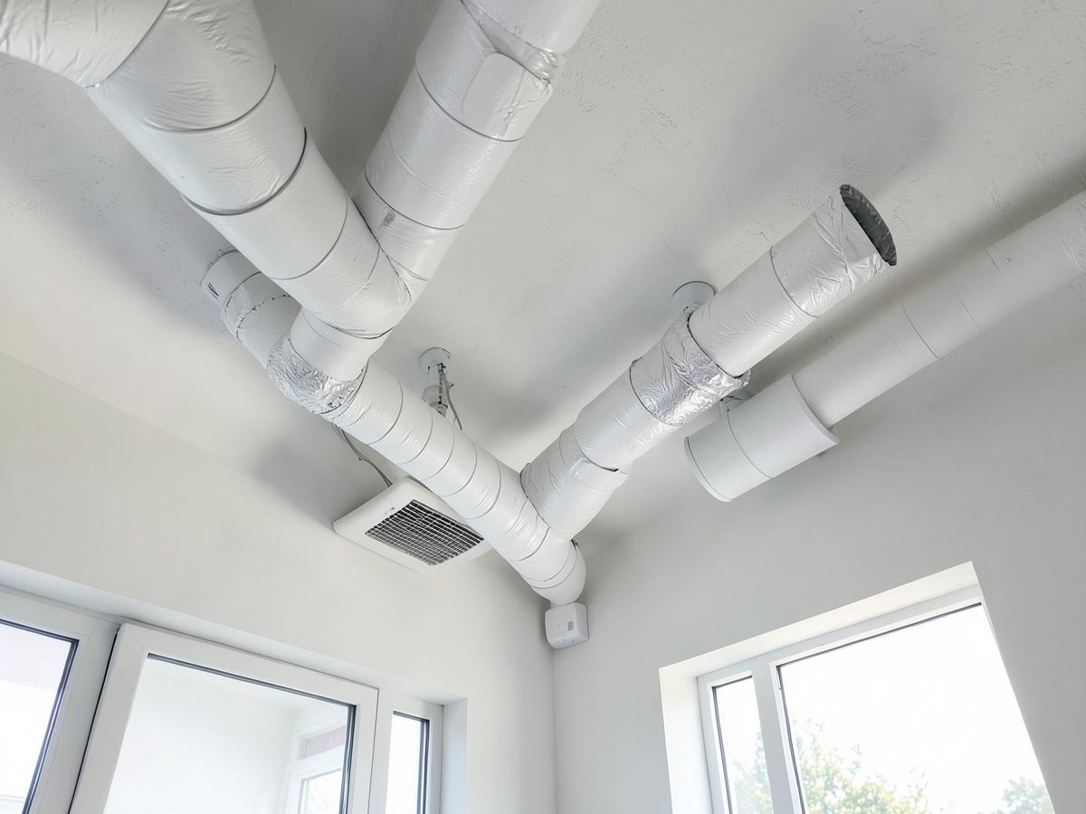 Rene, hvite ventilasjonskanaler montert i himling.