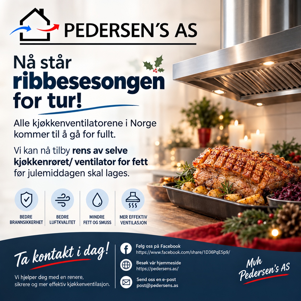 Ribbe i form under kjøkkenavtrekk – kampanje for rens av kjøkkenrør før jul.